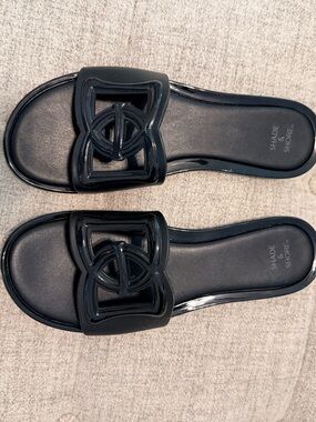 Shade & Shore Glossy Black Slide Sandals with Cutout Accent